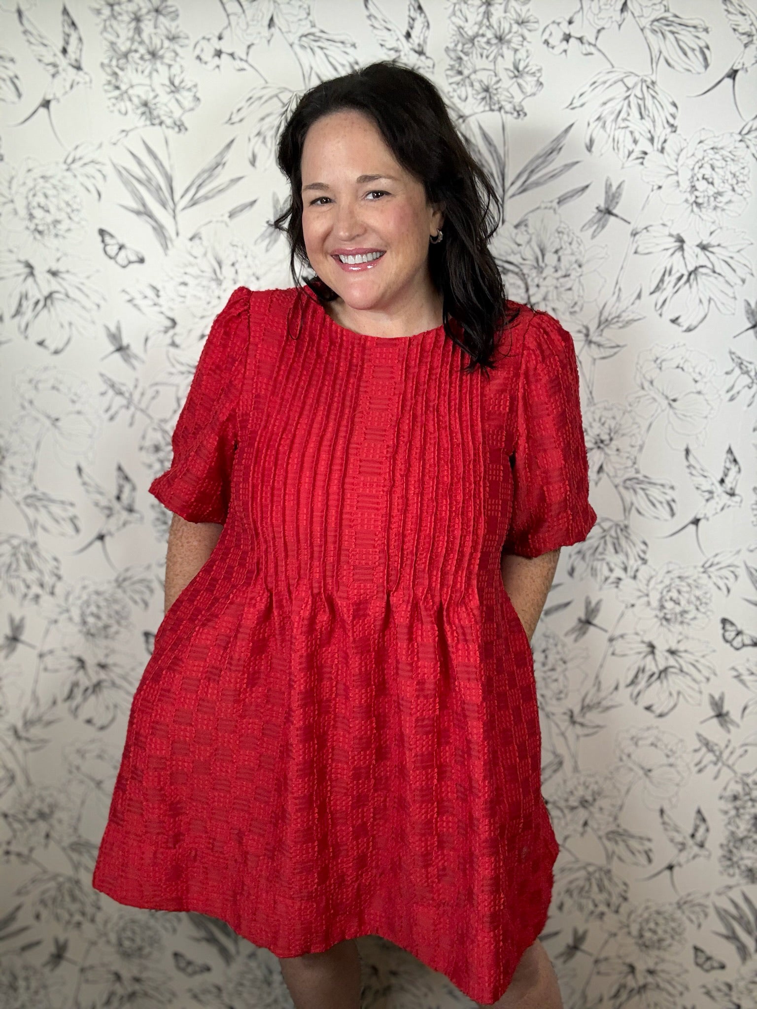 red pintuck holiday dress STRUT & BOLT