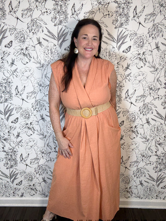 clay faux wrap belted midi dress ENTRO