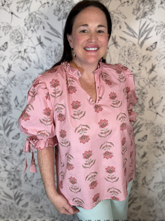 salmon block print bow top ENTRO