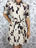 cream, black, rust floral belted mini dress ENTRO