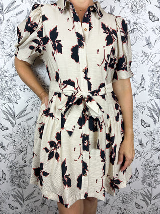 cream, black, rust floral belted mini dress ENTRO