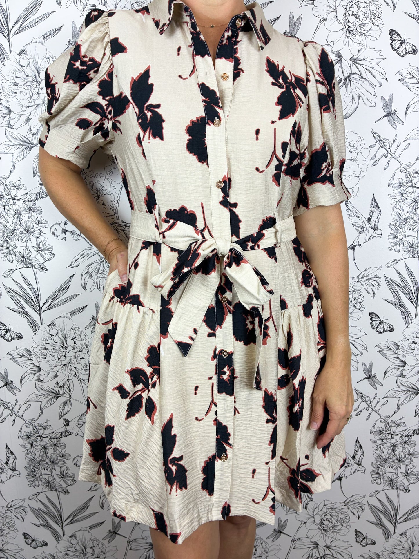 cream, black, rust floral belted mini dress ENTRO