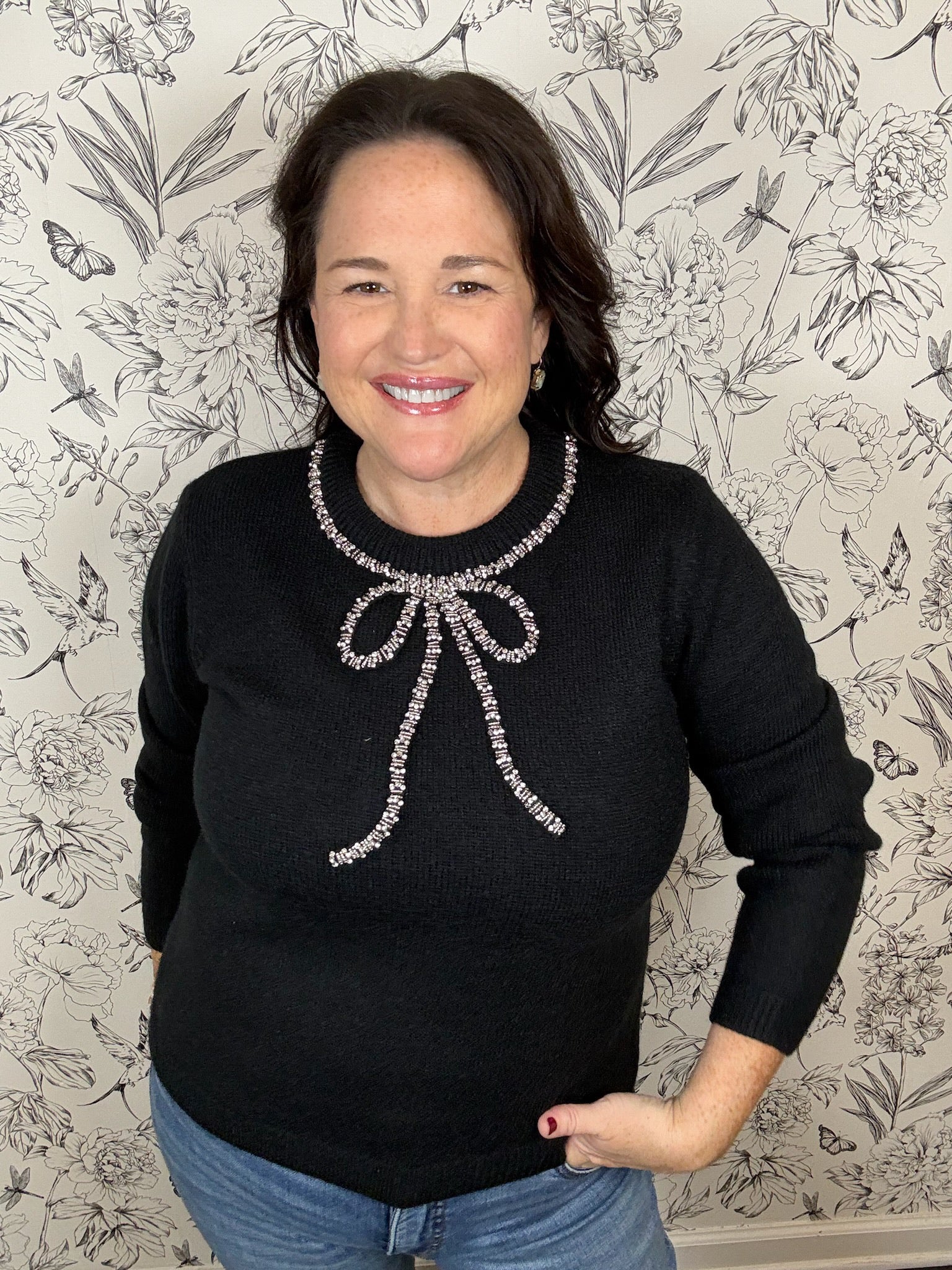 black sweater with rhinestone bow collar ENGLISH FACTORY