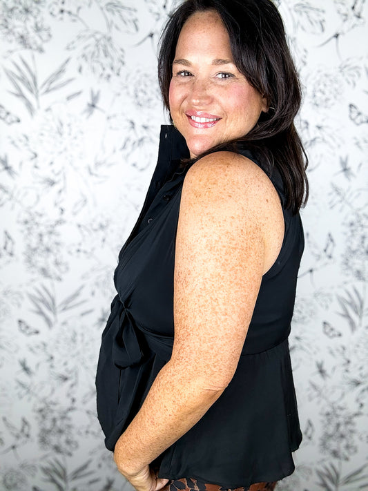 Black Tie-Front Sleeveless Blouse