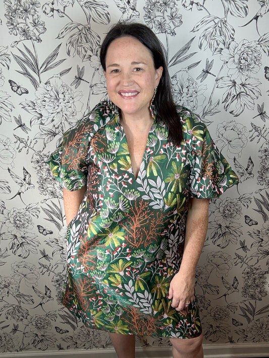 green brocade holiday dress THML