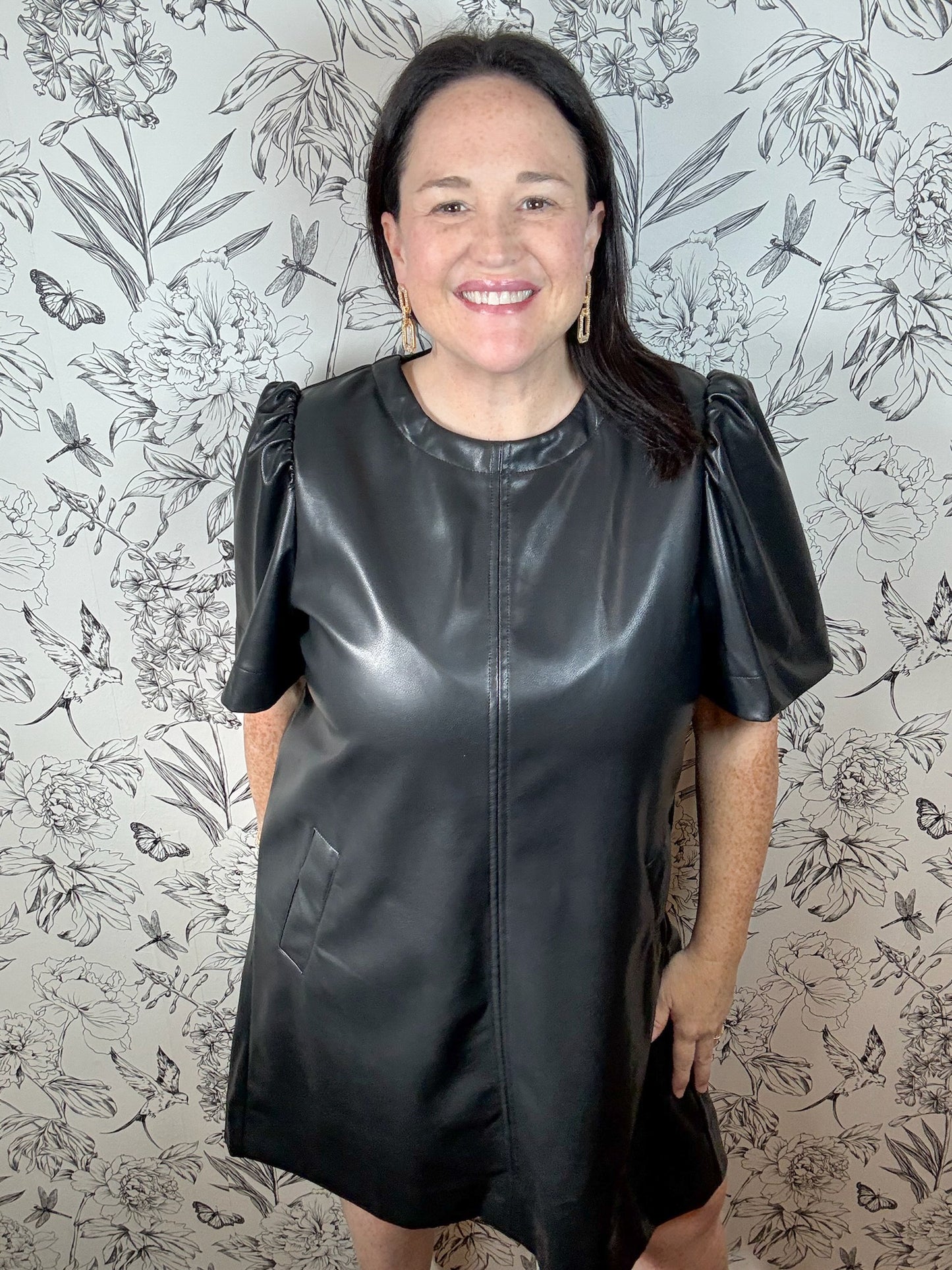 black leather mini shift dress THML