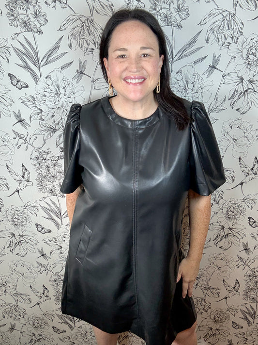 black leather mini shift dress THML