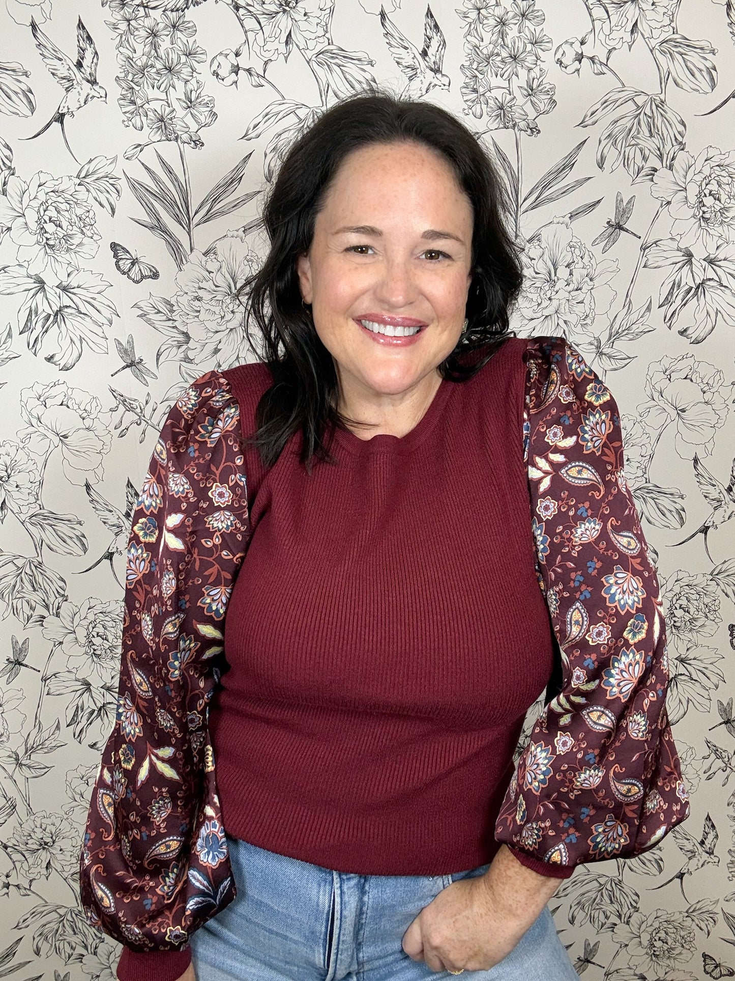 burgundy floral mixed media sweater SKIES ARE BLUE