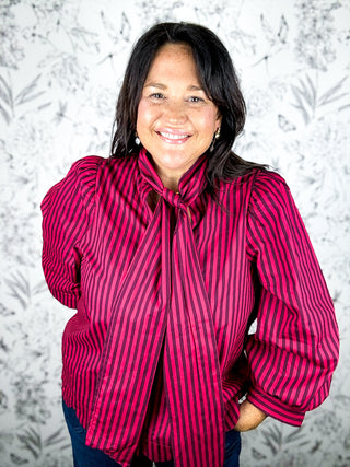 Cranberry Stripe Bow Tie Blouse
