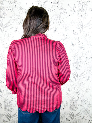 Cranberry Stripe Bow Tie Blouse