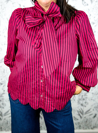 Cranberry Stripe Bow Tie Blouse