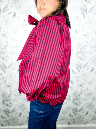 Cranberry Stripe Bow Tie Blouse