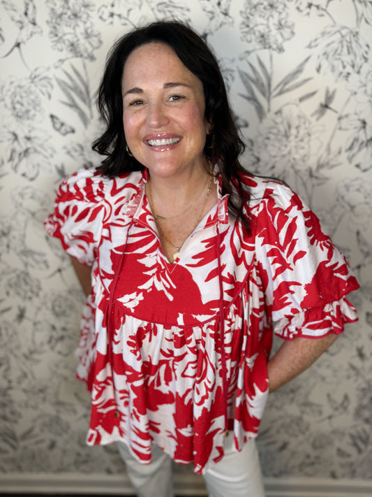 Red and white floral bloom top ENTRO