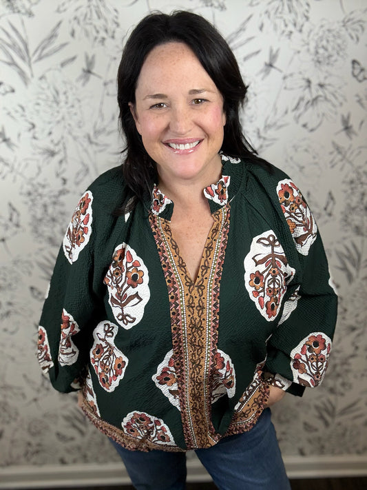 forest green block print CURVY blouse UMGEE