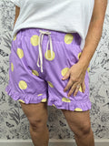 purple and yellow ruffle game day shorts