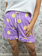 purple and yellow ruffle game day shorts