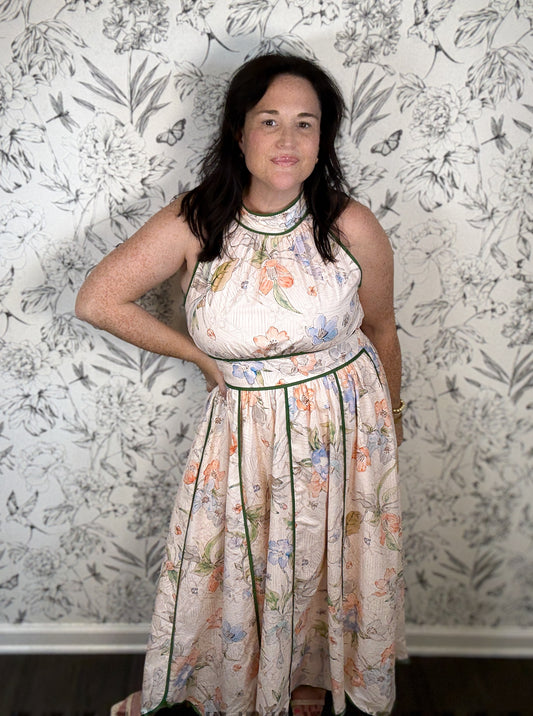 peach green floral halter midi