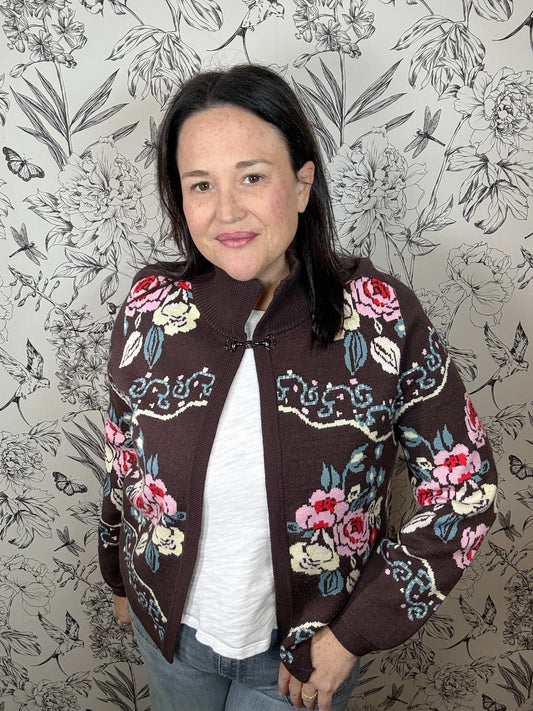 brown floral horsebit cardigan THML