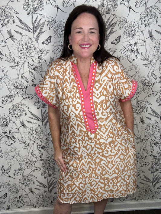 tan white pink ikat mini THML