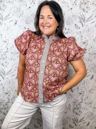 Parlor Print Ruffle Neck Blouse