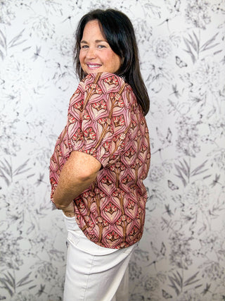 Parlor Print Ruffle Neck Blouse