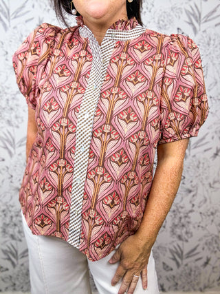 Parlor Print Ruffle Neck Blouse
