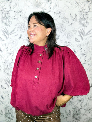 Berry Button Up Bubble Blouse