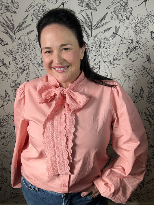 pink cotton blouse with eyelet scalloped neck bowtie