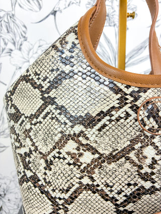 Ines Reversible Handbag | Tan & Snake