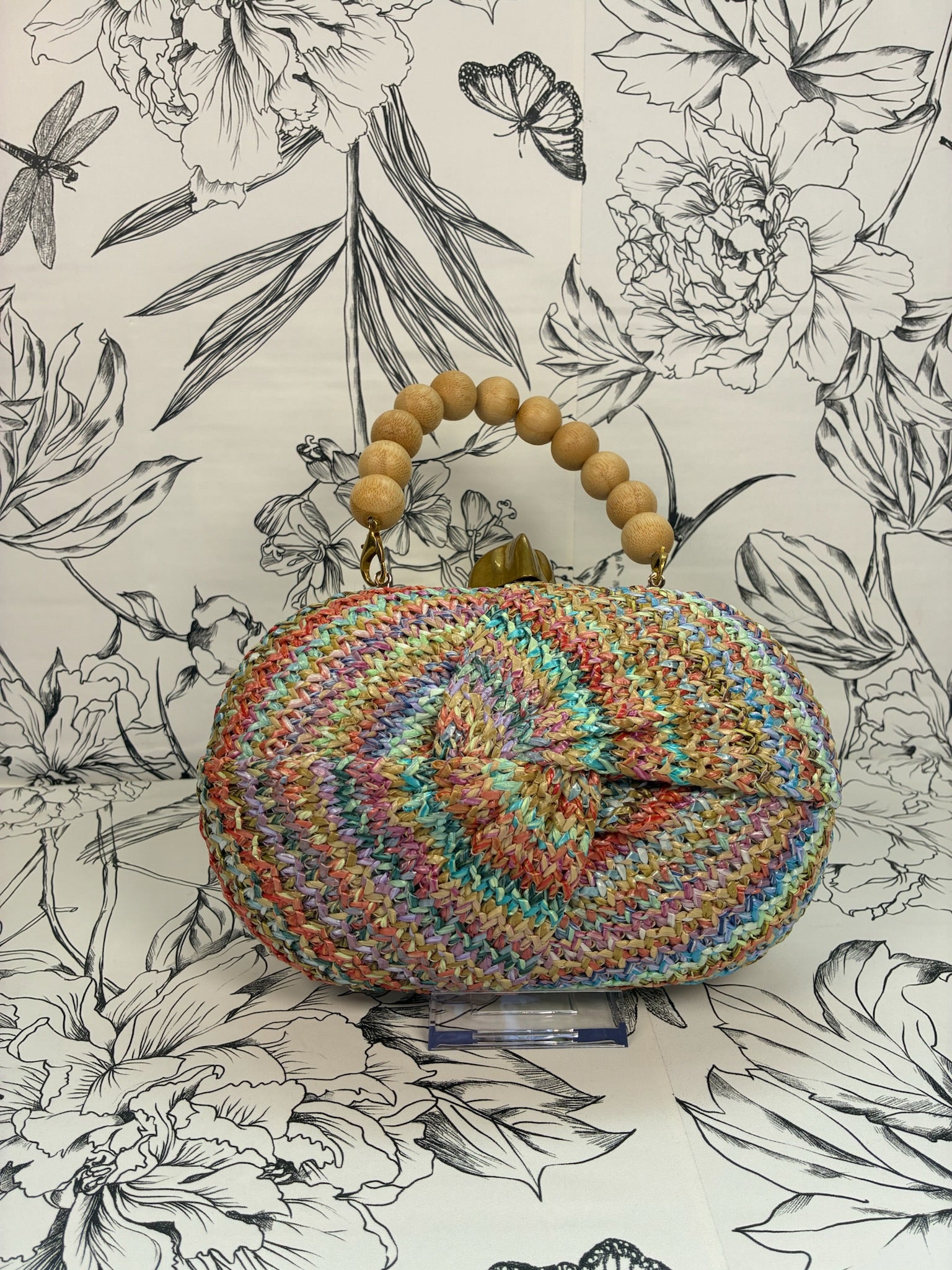 rainbow straw clutch wood bead handle