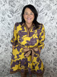 mustard and plum floral belted mini dress with brown details JODIFL