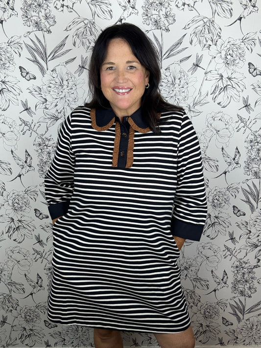 black and white stripe mini with brown peter pan collar JODIFL