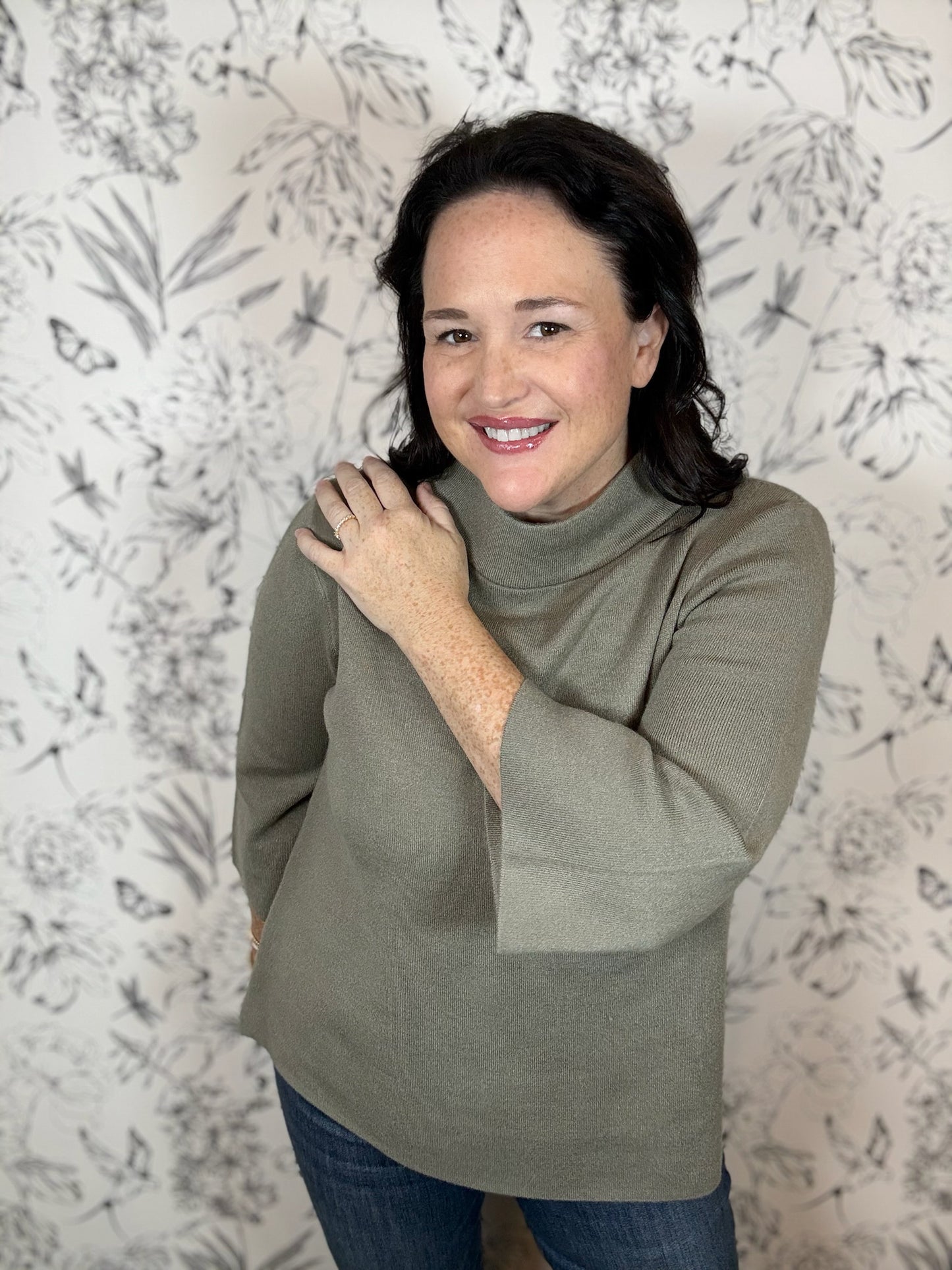 olive green mock neck 3/4 sweater FATE