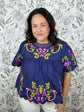 navy, chartreuse, pink babydoll embroidered blouse THML