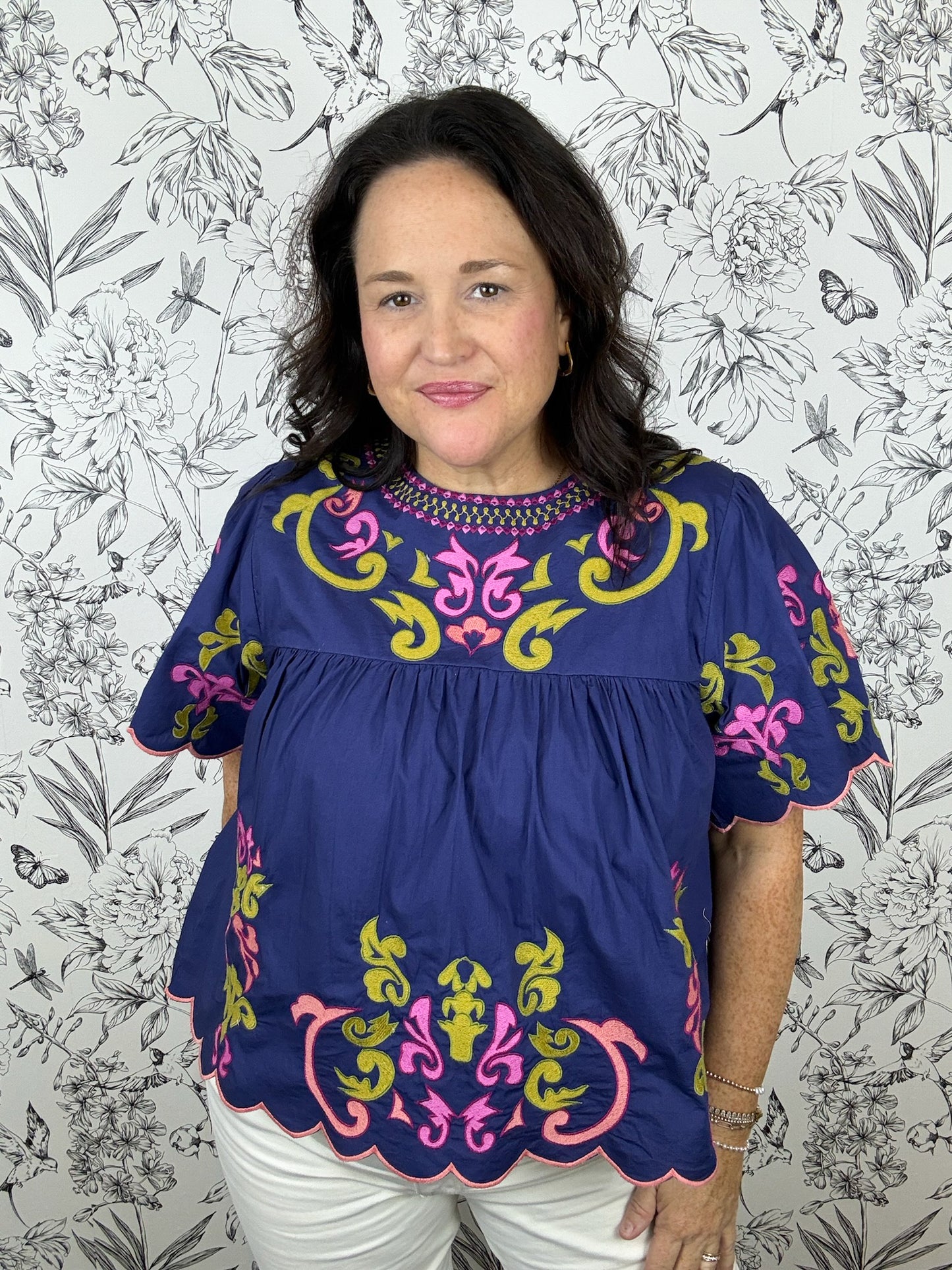 navy, chartreuse, pink babydoll embroidered blouse THML