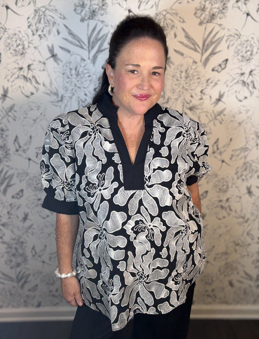 black white embroidered top ENTRO PLUS