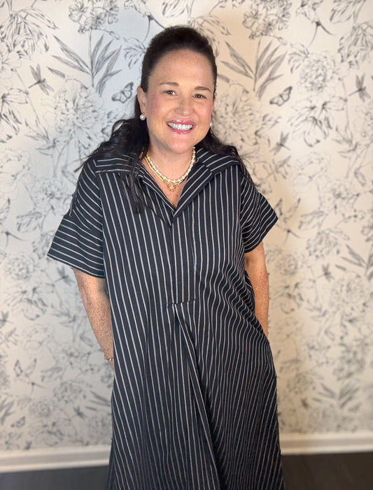 black white pinstripe collared Aline Midi ELAN