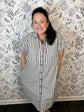 gray and ivory stripe midi dress CURVY SHE & SKY