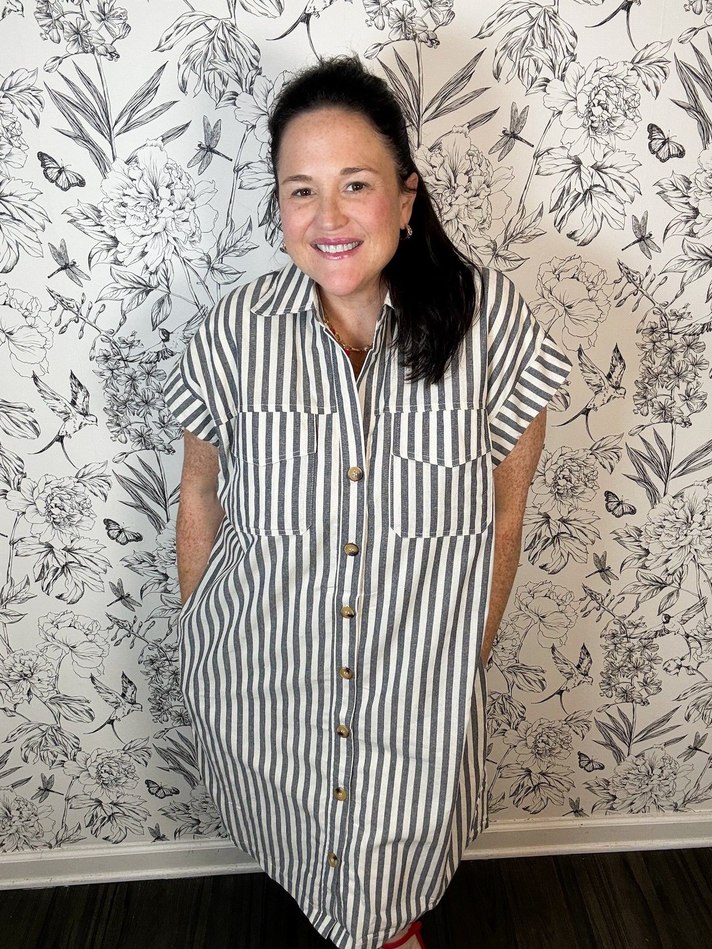 gray and ivory stripe midi dress CURVY SHE & SKY