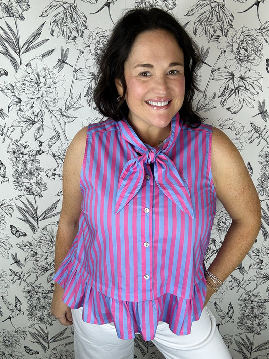 blue and pink stripe tank with bow collar ENTRO