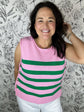 pink green stripe rolled knit shell with gold buttons ENTRO
