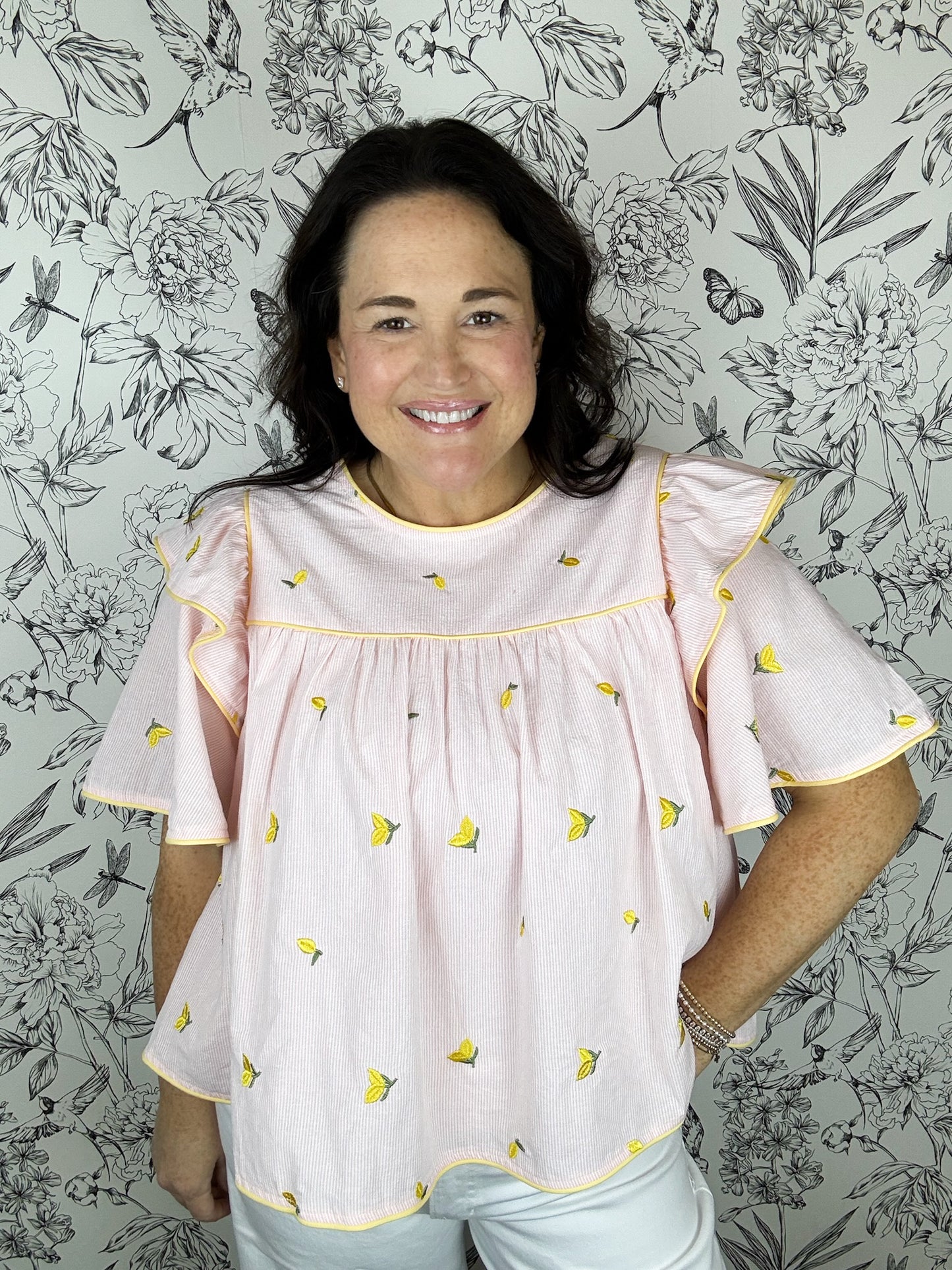 pink and white seersucker blouse with lemons