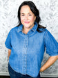 denim short sleeve button up covered buttons slight puff sleeve VELVET HEART