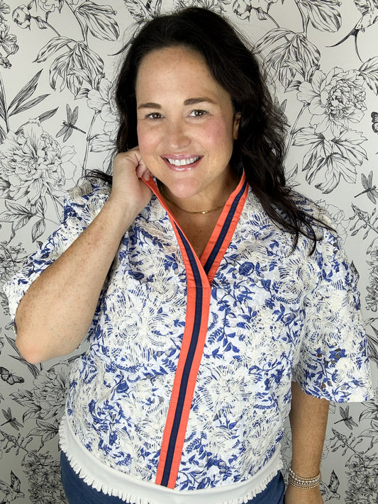 white blue and orange blouse VOY