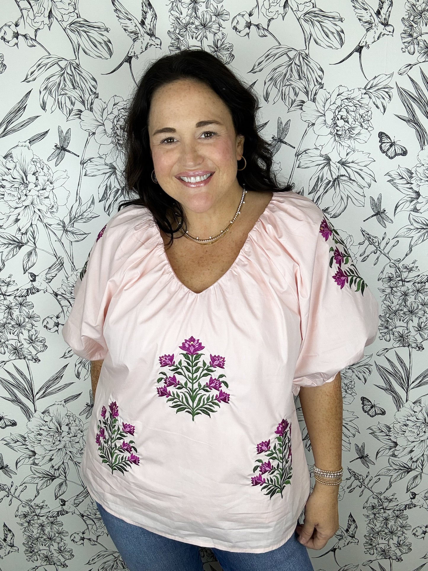pink block print blouse SHE & SKY