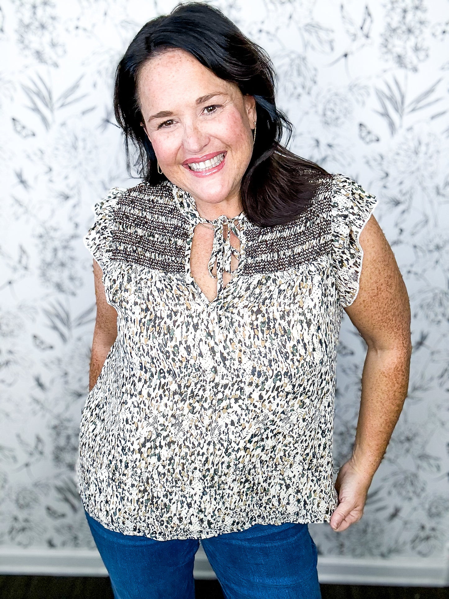 abstracted fall print smocked blouse ELAN