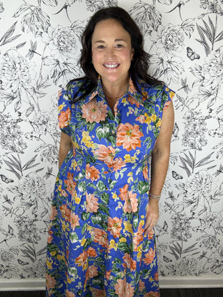 blue and orange flroal midi dress ENTRO