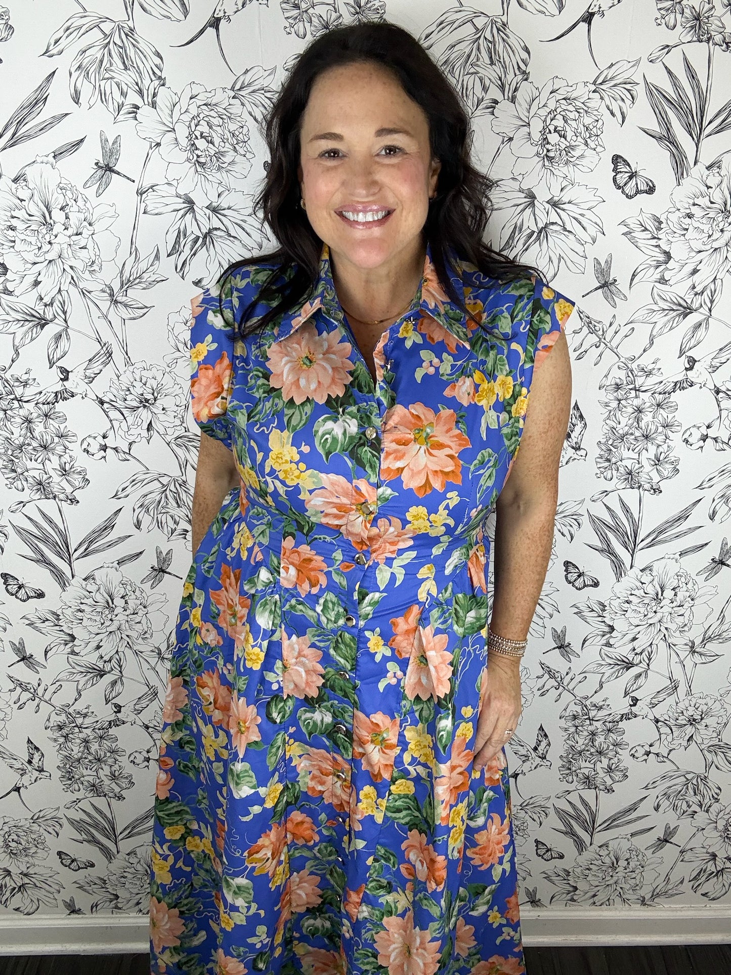 blue and orange flroal midi dress ENTRO