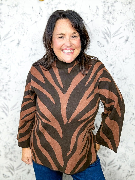 light brown and dark brown striped tiger sweater bell sleeves, mock neck ENTRO