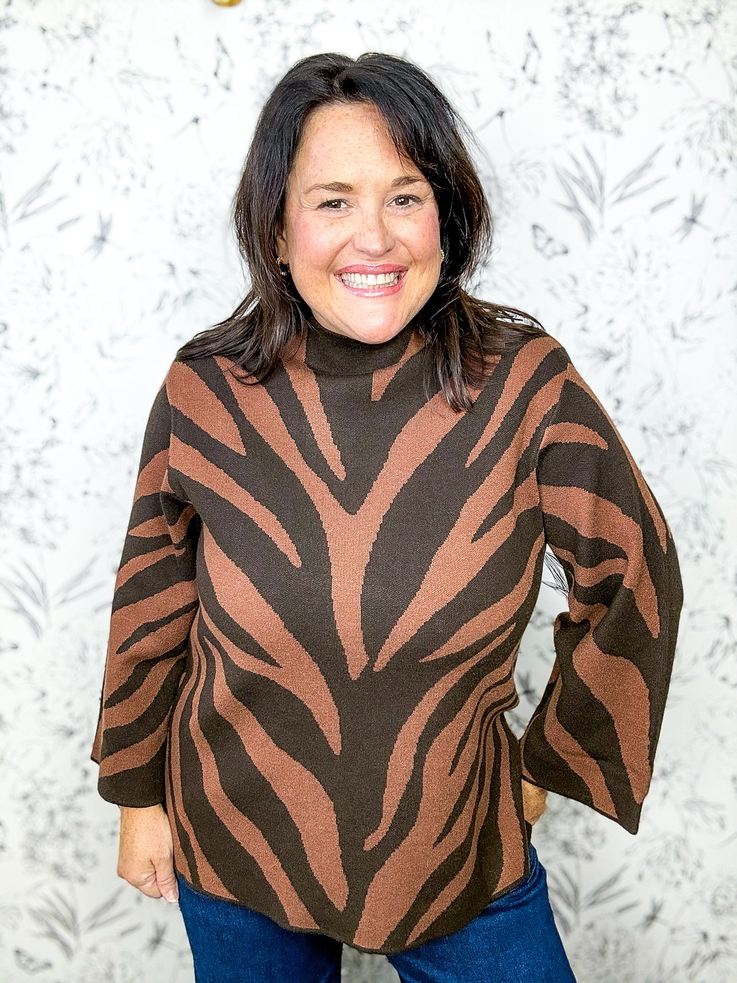 light brown and dark brown striped tiger sweater bell sleeves, mock neck ENTRO